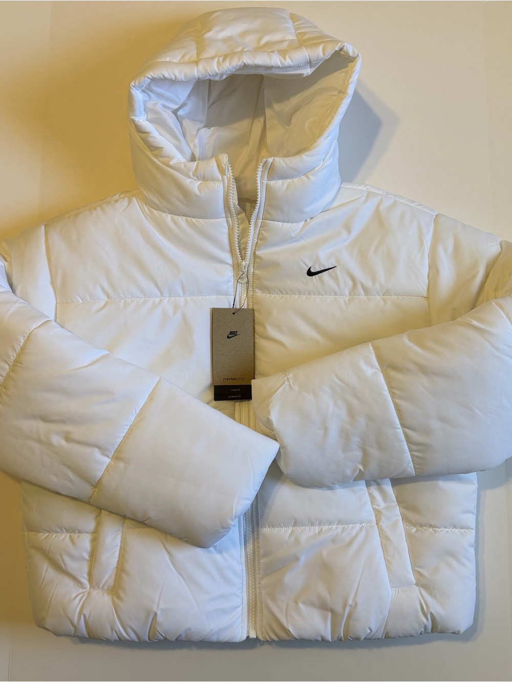 Nike White Hooded Puffer Coat with Black Swoosh